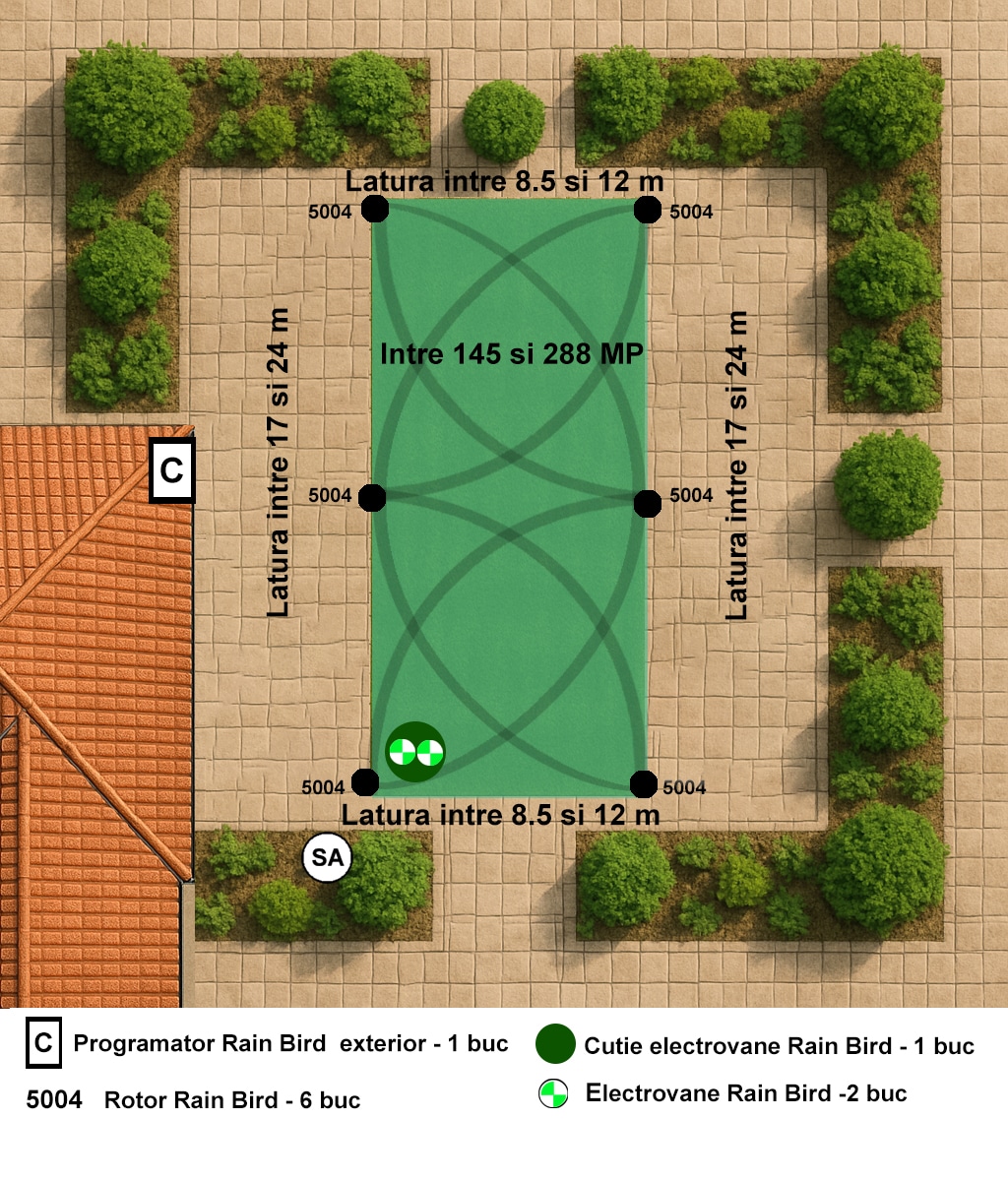 Kit complet irigatii pentru suprafete dreptunghiulare intre 145 si 288 mp, 24V, programator de exterior