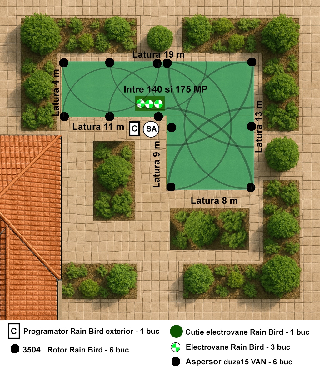 Kit complet irigatii pentru suprafete in forma de L ,140-175 MP, programator de exterior
