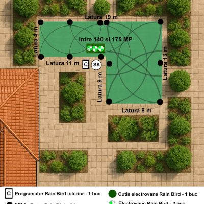 Kit complet irigatii pentru suprafete in forma de L ,140-175 MP, programator de interior